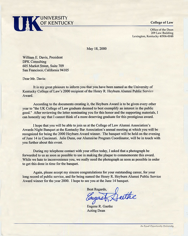 UK Henry R. Heyburn Alumni Service Award 2000